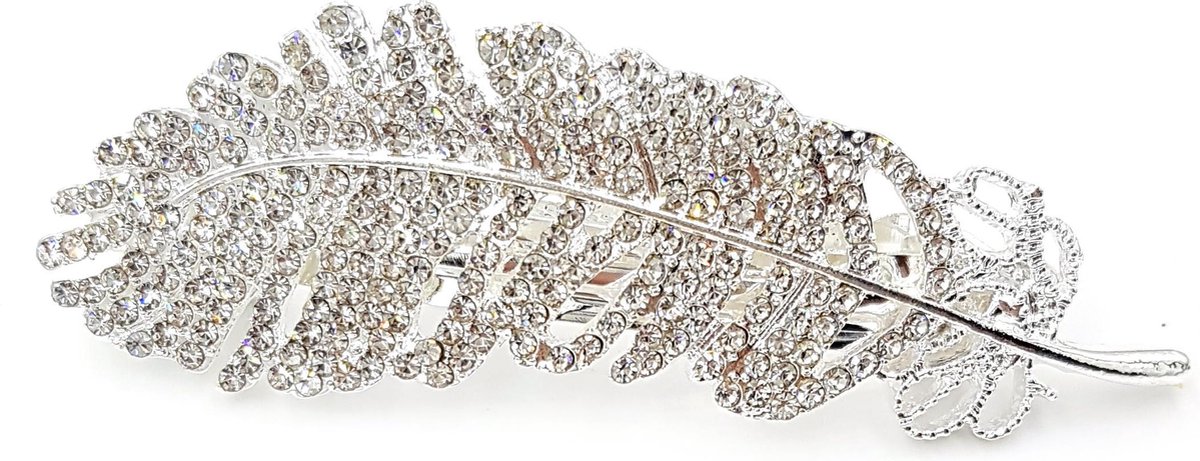 Zilverkleurige haarspeld veer met strass 7 cm