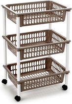Opberg trolley/roltafel/organizer met 3 manden 40 x 30 x 61,5 cm wit/taupe - Etagewagentje/karretje met opbergkratten