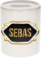 Sebas naam cadeau spaarpot met gouden embleem - kado verjaardag/ vaderdag/ pensioen/ geslaagd/ bedankt