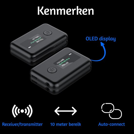 BQ5 Bluetooth Receiver Transmitter V5.0 Draadloos – Aux adapter – 2 in 1 Bluetooth Ontvanger Zender – OLED Display - Blue2Connect