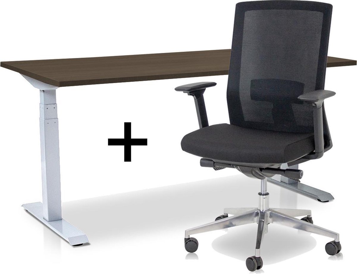 Zit-sta bureau elektrisch verstelbaar + ERGO Bureaustoel | ARBO PRO Thuiswerkset | frame bureau wit - bureaublad bruin eiken | 160x80 cm