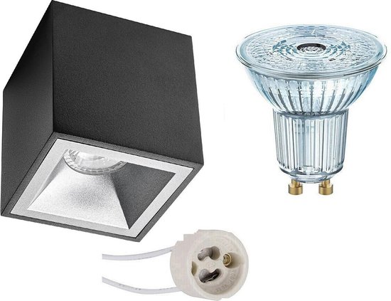 Opbouwspot Set - OSRAM Parathom PAR16 940 36D - Pragmi Cliron Pro - GU10 Fitting - Dimbaar - Opbouw Vierkant - Mat Zwart/Zilver - 5.5W - Natuurlijk Wit 4000K - Verdiept - 90mm