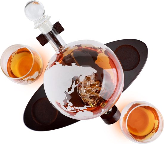 WhisKing Whiskey Karaf Incl. 2 Whiskey Glazen - Decanteer Karaf Wereldbol Design – incl. accessoires - WhisKing