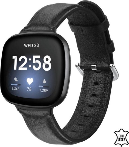 Q-DESYN Fitbit Versa 3 bandje - Leer - Zwart - L
