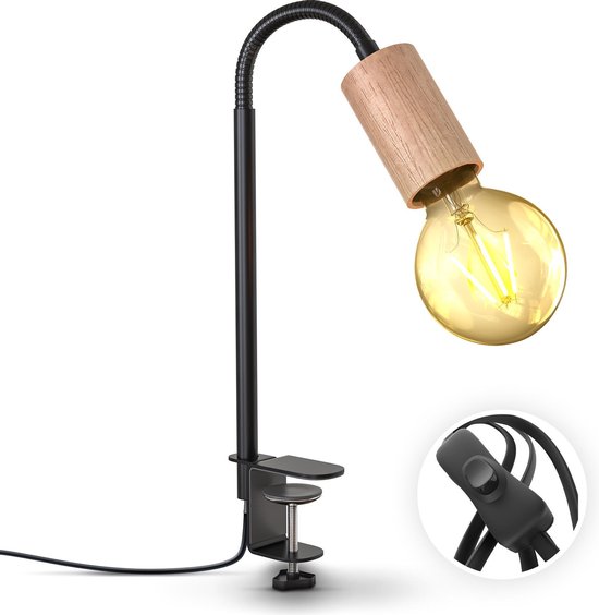 B.K.Licht - Klemlampen met E27 fitting - LED - zwart en hout - draaibar -  aan/uit... | bol.com