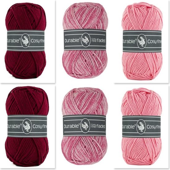 Katoen en acryl garen pakket - 6 bollen Cosy fine en Cosy fine faded - roze bordeaux - pendikte 4 a 4,5mm
