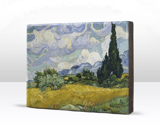 Vincent van Gogh - Champ de blé aux cyprès - Petit tableau que vous pouvez accrocher et placer - 26 x 19,5 cm - Laqueprint sur bois