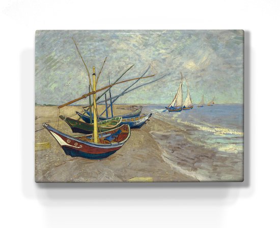 Vissersboten op het strand van Les Saintes-Maries-de-la-Mer - Vincent van Gogh - 26 x 19,5 cm - Niet van echt te onderscheiden schilderijtje op hout - Mooier dan een print op canvas - Laqueprint.