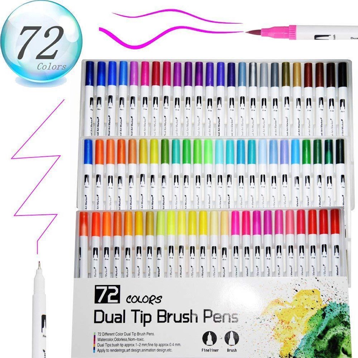 Stylos À Dual Pinceau - 72 Couleurs - Pointe De Pinceau Et Fineliner -  Marqueur Double... | Bol.com