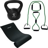 Tunturi - Fitness Set - Kettlebell 6 kg - Fitnessmat 160 x 60 x 0,7 cm - Tubing Set Groen