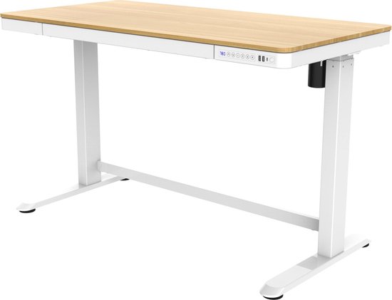 OrangeLabel Desk : bureau assis-debout électriquement. Version : cadre blanc et plateau en plastique chêne. Taille : 120x60cm