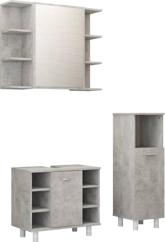 Ensemble Meubles Salle De Bain 3 Pièces VidaXL - Gris Béton Avec Miroir Et Rangement - Bois Ingénierie