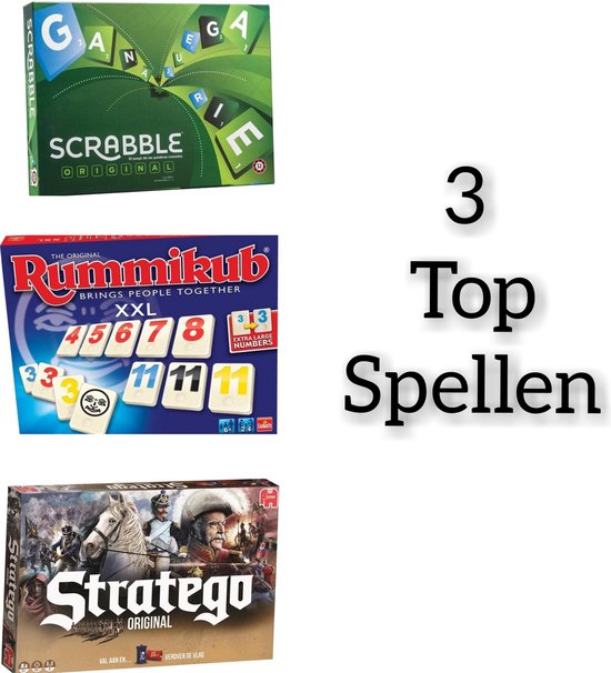 Afbeelding van het spel SpellenBundel Pakket 3 Stuks // Rummikub XXL - Gezelschapsspel  + Scrabble Original - Bordspel  + Stratego Original - Bordspel ( 3 STUKS )