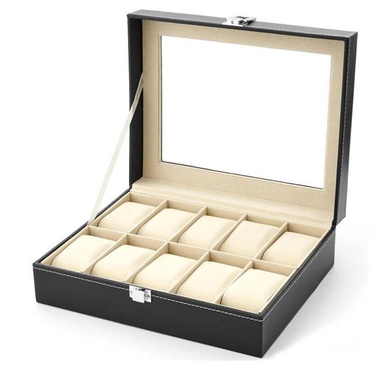 Boîte de montre A&K | Boîte de montre en cuir de Luxe | Convient pour les Montres et les Bijoux | 10 compartiments avec 10 Oreillers | Cuir noir