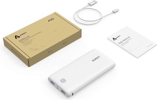 AUKEY Powerbank 20000 mAh - Draagbare Oplader met 2 USB Poorten, AiPower Technologie, Geïntegreerde Zaklamp, LED Batterij Indicator – Wit