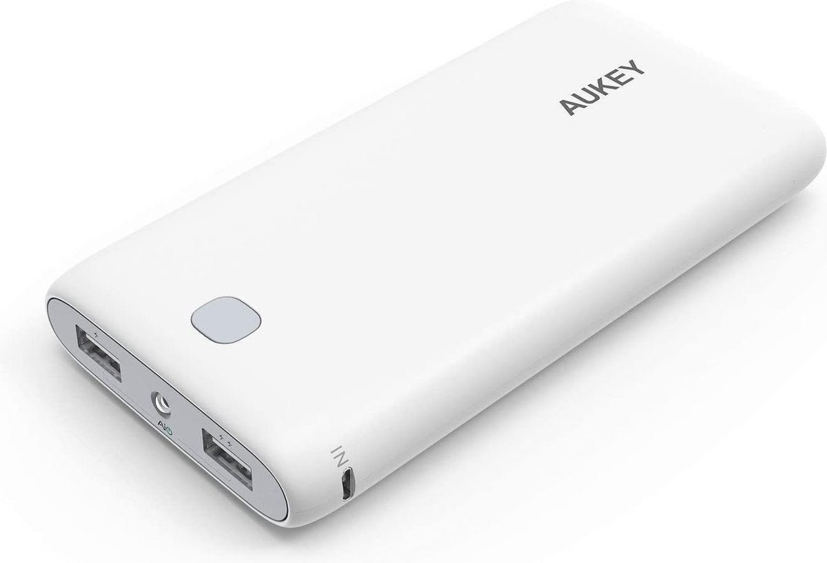 AUKEY powerbank 20000 mAh, draagbare oplader met 2 uitgangen, externe batterij met grote capaciteit met AiPower voor iPhone, Samsung, Huawei, Xiaomi en meer (wit)