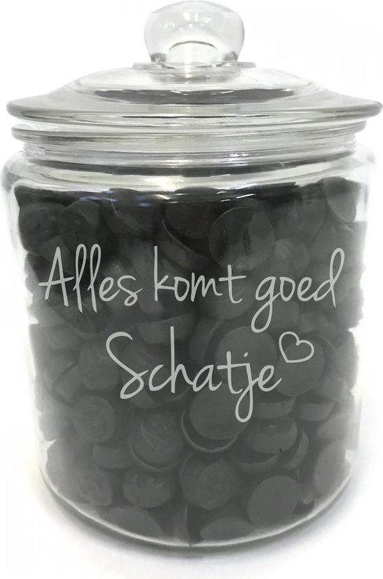 Foto: Snoeppot voorraadpot met tekst gravure quote alles komt goed schatje zonder drop cadeau troost steun hoop de snoeppot voorraadpot is gemaakt van dik sterk glas het formaat is 21cm incl deksel 13 5cm doorsnede inhoud 2 liter zonder drop 