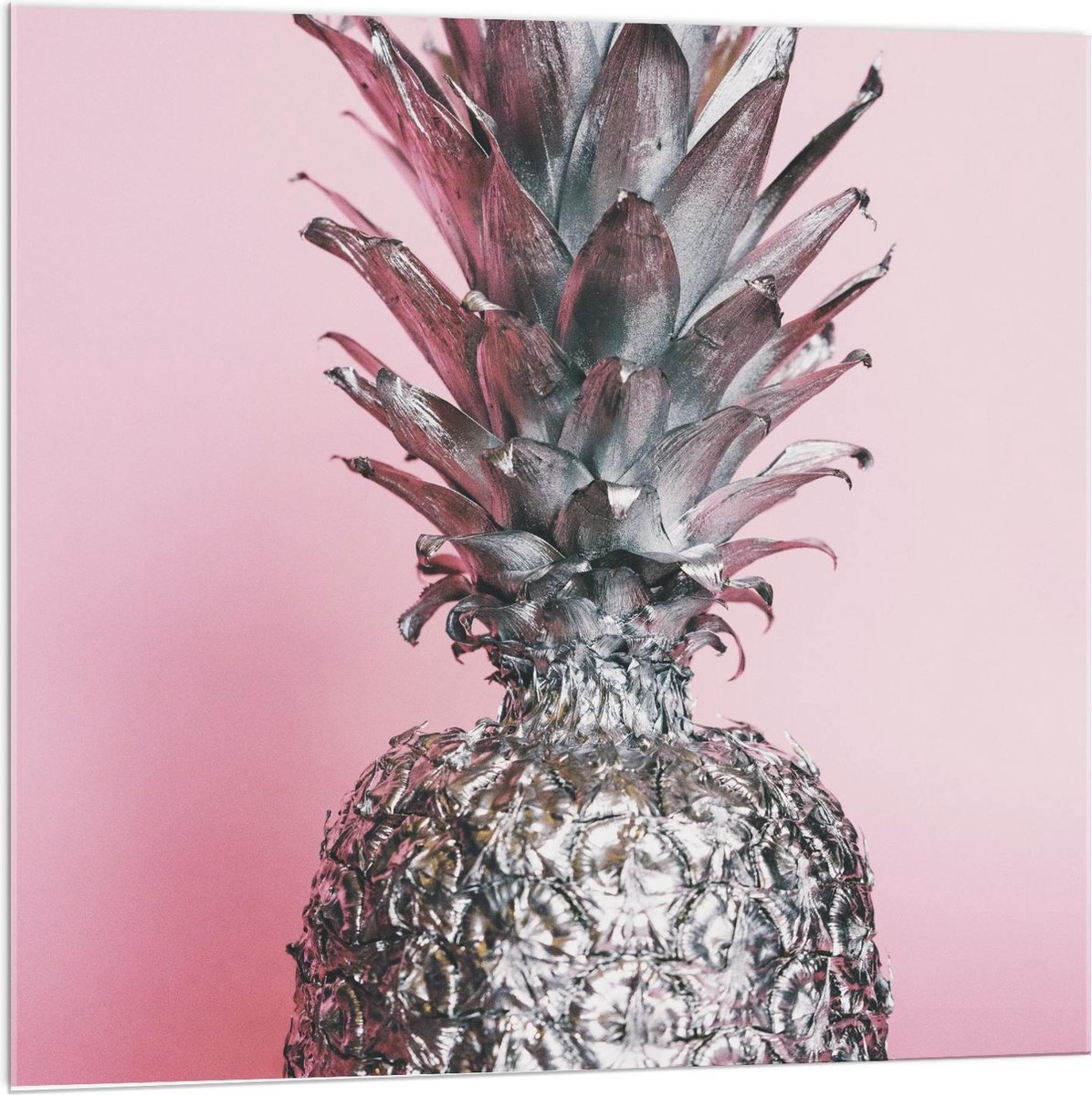 Acrylglas - Zilveren Ananas  met Roze Achtergrond - 100x100cm Foto op Acrylglas (Met Ophangsysteem)