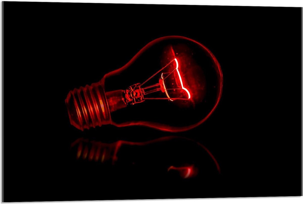 Acrylglas - Rode Gloeilamp op Zwarte Achtergrond - 90x60cm Foto op Acrylglas (Wanddecorati