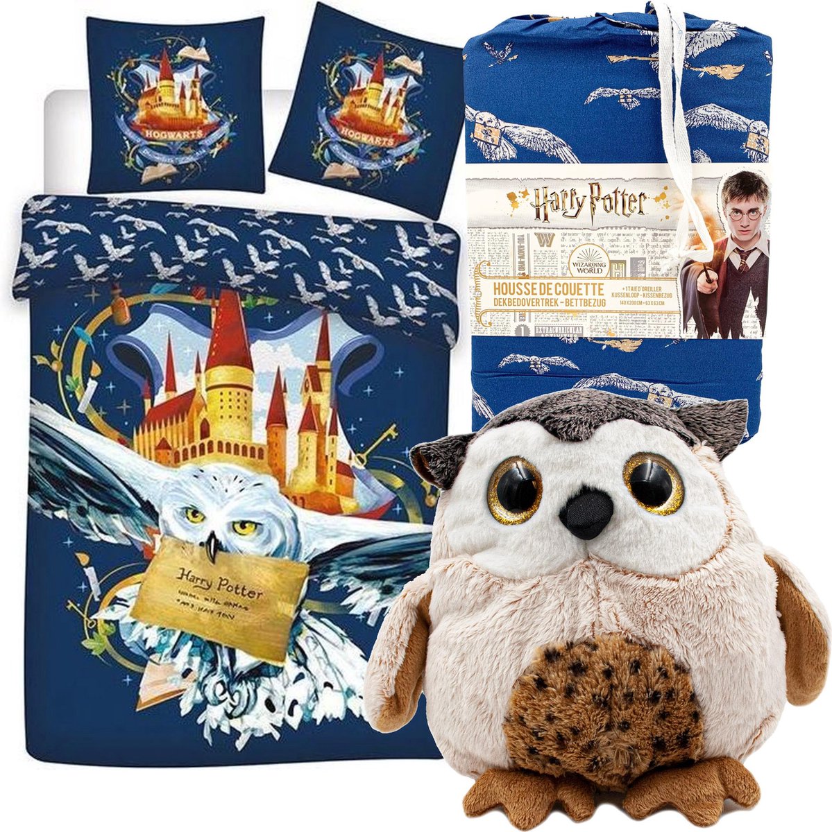 Harry Potter Hedwig Dekbedovertrek - Eenpersoons - 140 x 200 cm - Polyester, incl. Pluche knuffel Uil 21 cm