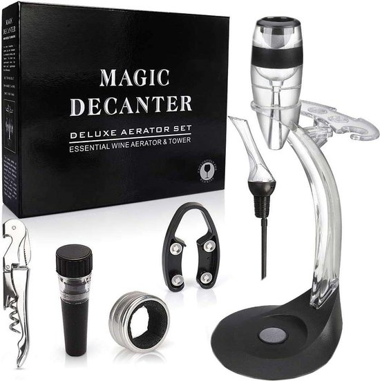 Magic wine decanter- wijn beluchter 6-delige set: Wijnschenker-Foliesnijder- Kurkentrekker- Decanteerder- Dropstop- Wijnstop Magic wine decanter- wijn beluchter 6-delige set: Wijnschenker-Foliesnijder- Kurkentrekker- Decanteerder- Dropstop- Wijnstop