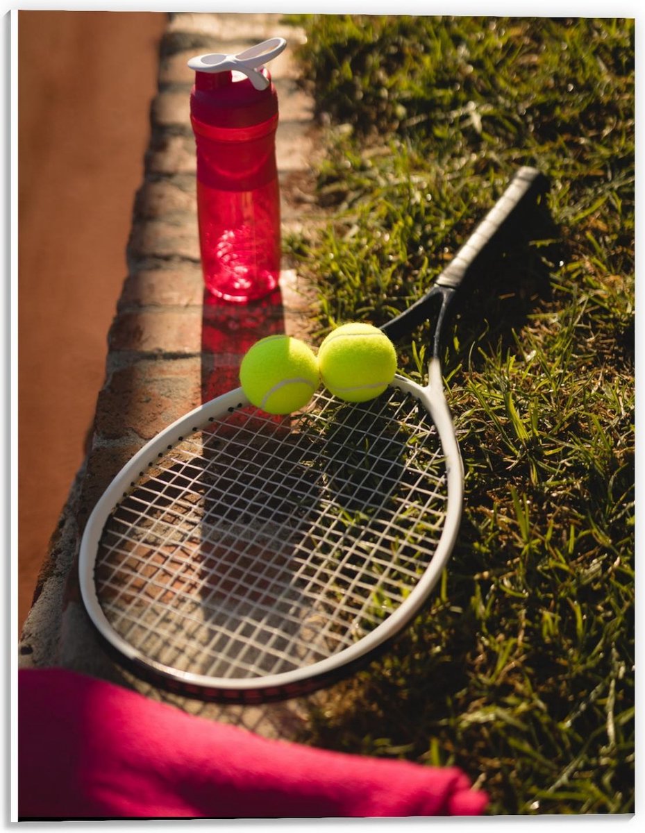 KuijsFotoprint - Schilderij - Tennisracket Met Ballen Waterfles - Groen, Bruin En Roze - 40 X 30 Cm