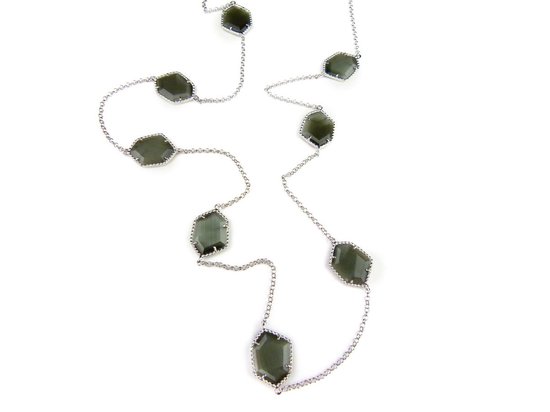 Zilveren halsketting halssnoer collier Model Hexagon gezet met grijs groene stenen