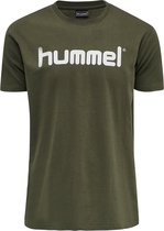 Hummel Hummel Go Cotton Logo Sportshirt - Maat S  - Mannen - olijfgroen/wit