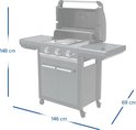 Antracietkleurige gasbarbecue met 3 branders, met afmetingen 148 cm (hoogte), 146 cm (lengte) en 69 cm (breedte).