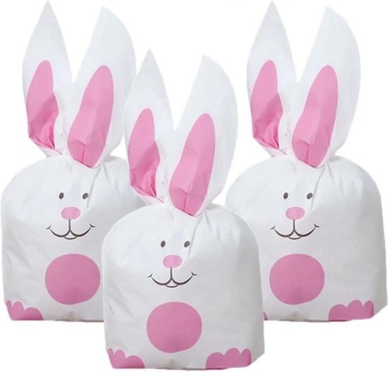 50x sacs à distribuer Blanc - Lapin rose 13 x 22 cm - Sacs-cadeaux en plastique - Sacs à bonbons - Sacs à biscuits - Biscuits - Sacs à biscuits - Pâques - Anniversaire des enfants - Fête - 4You Webventures