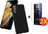 Samsung Galaxy S21 Hoesje Zwart - Siliconen Back Cover & 2X Glazen Screenprotectors