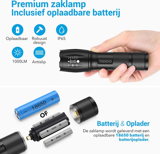 TIGIOO Zaklamp LED Oplaadbaar - 2-Pack Zwart - Inclusief Oplader, Batterijen & Koffer - Militaire Zaklamp met Instelbare Lichtstraal & Hoge Lichtopbrengst - TIGIOO