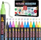 12 Zilver Outline Markers/Pennen/Stiften-Magische Pen-3 MM-Kleurstiften- Dubbel lijn Stift-Viltstiften set met 12 Kleuren