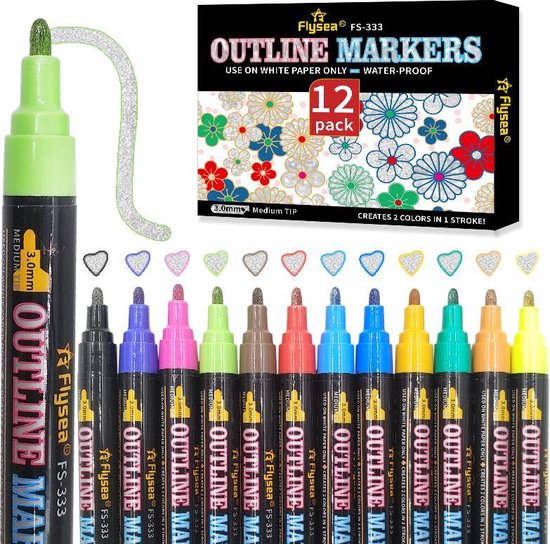 12 Zilver Outline Markers/Pennen/Stiften-Magische Pen-3 MM-Kleurstiften-  Dubbel lijn... | bol.com