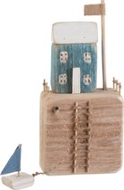 J-Line Huis Op Voet Hout Naturel/Blauw/Wit Set van 2 stuks