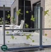 "Vogelbescherming stickers set van 7 vogelstickers samen met 12 cirkels olijf groen. "