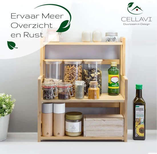 Cellavi Duurzaam Kruidenrek Staand van Bamboe - Keukenrek Verstelbaar - Keuken Accessoires - Stevige Constructie - Multifunctioneel en Waterafstotend