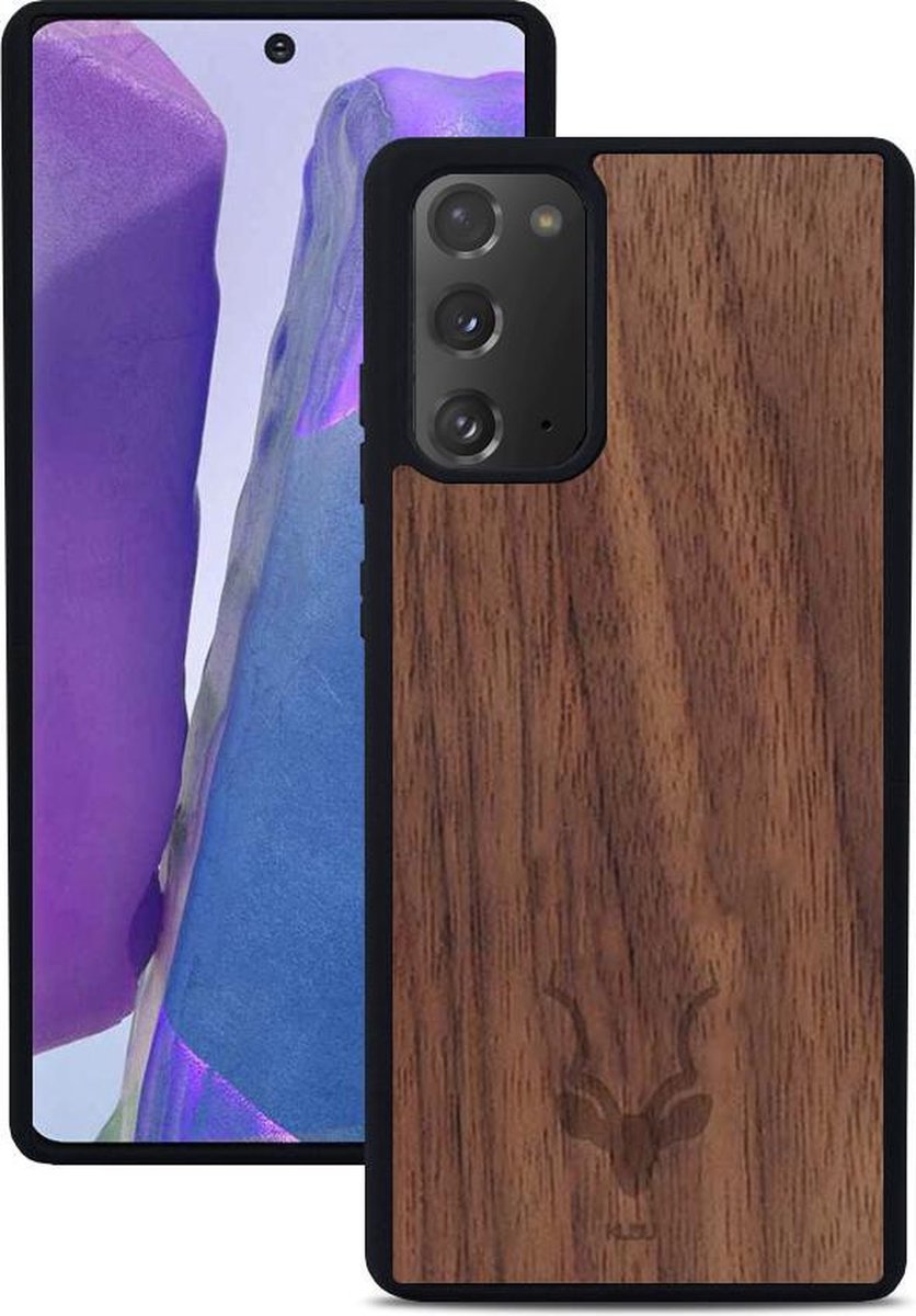 Kudu Samsung Galaxy Note 20 hoesje case - Houten backcover - Handgemaakt en afgewerkt met duurzaam TPU - Walnoot - Zwart