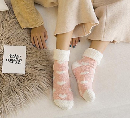 Warme sokken dames - huissokken - roze - print hartjes - hart - 36-40 -  extra zacht | bol.com