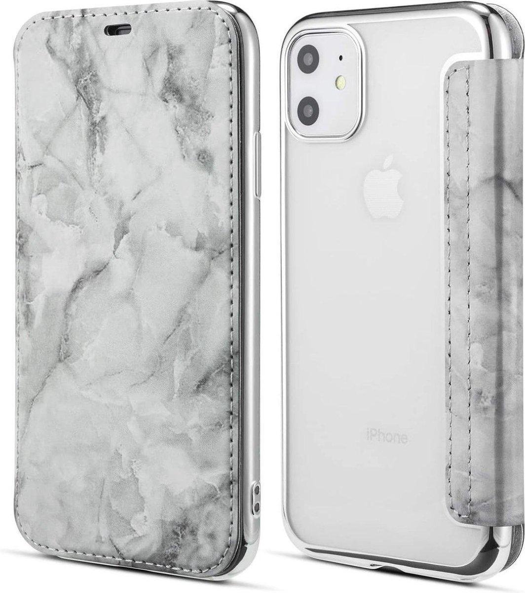 Geschikt voor Apple iPhone 12 Flip cover - Zilver - Marmer - Folio