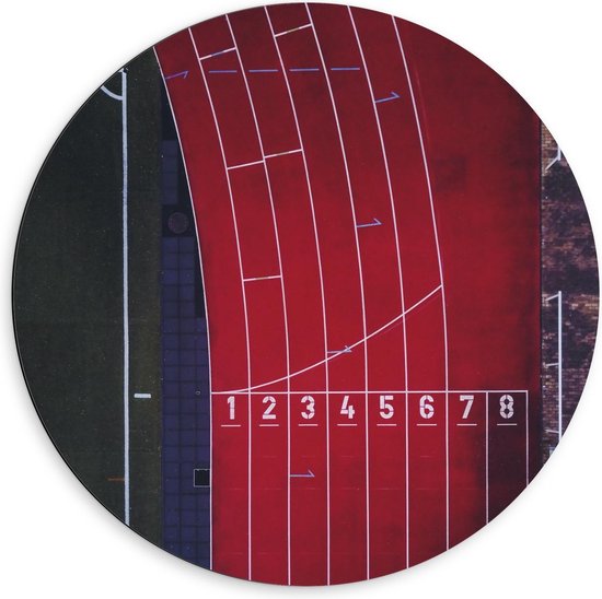 Dibond Wandcirkel - Bovenaanzicht Atletiek Baan - 60x60cm Foto op Aluminium Wandcirkel (met ophangsysteem)