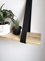 Wandplank met lederen riemen | 60 cm | Naturel hout | Zwarte lederen banden