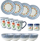 Heinen Delfts Blauw - Ontbijtset Oranje Tulp - 12-delig