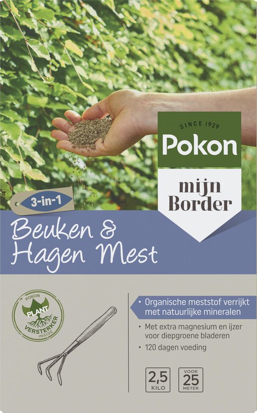 Verpakking Pokon Beuken & Hagen meststof met op de voorkant een hand die korrels strooit.