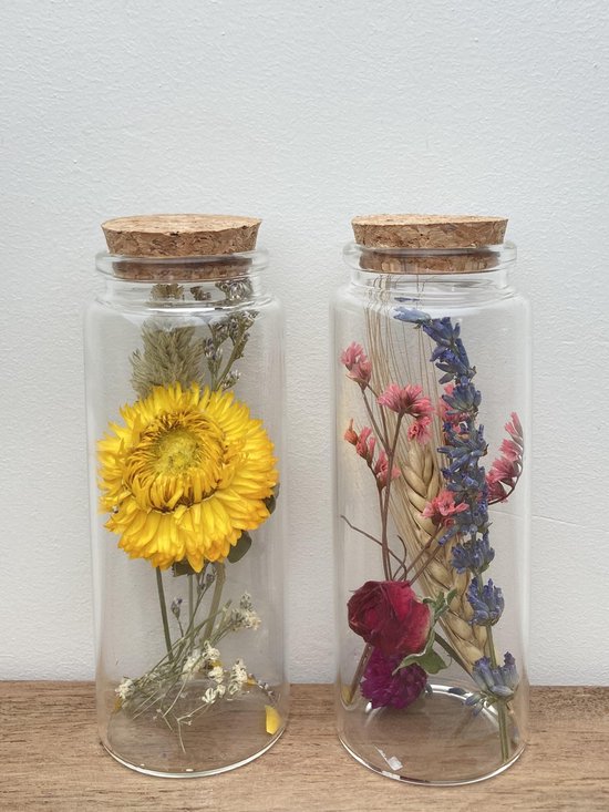 2 Glazen potjes met droogbloemen en kurk - Droogbloemen boeket in glas -  h.12,5 Ø4,5... | bol.com