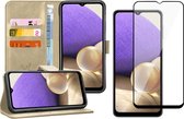 Hoesje geschikt voor Samsung Galaxy A32 5G - Screen Protector FullGuard - Book Case Leer Pasjeshouder Goud & Screenprotector