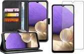 Hoesje geschikt voor Samsung A32 en Screenprotector Book Case Leer Wallet Zwart + Screen Protector Glas