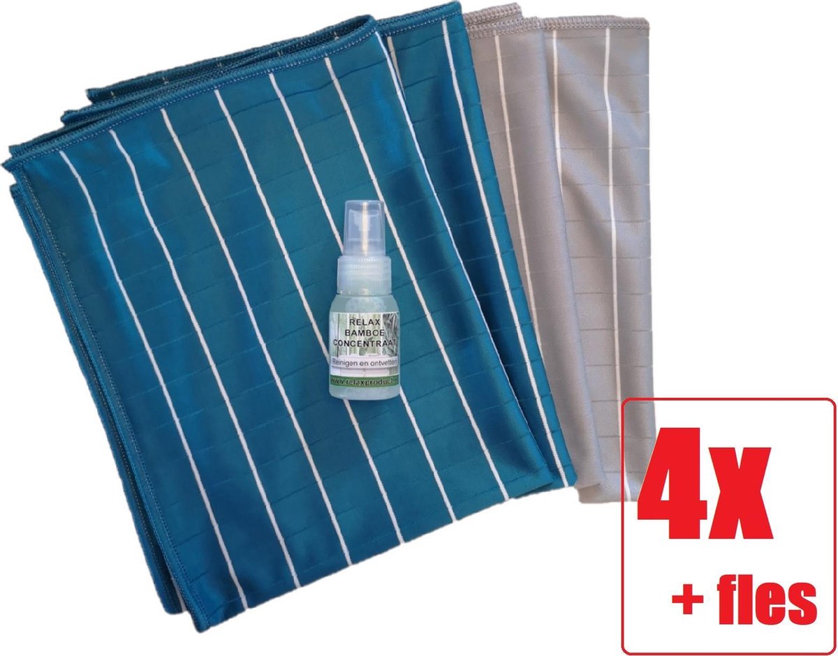 Goedkoopste Bamboe Glasdoek - Glasdoeken - Microvezeldoek - Zeem - Droogdoek - Zeem - Ramendoek - Keukendoek - Wonderdoek - Streeploos schoonmaken - 4 STUKS grijs-blauw Relax Bamboe Concentraat