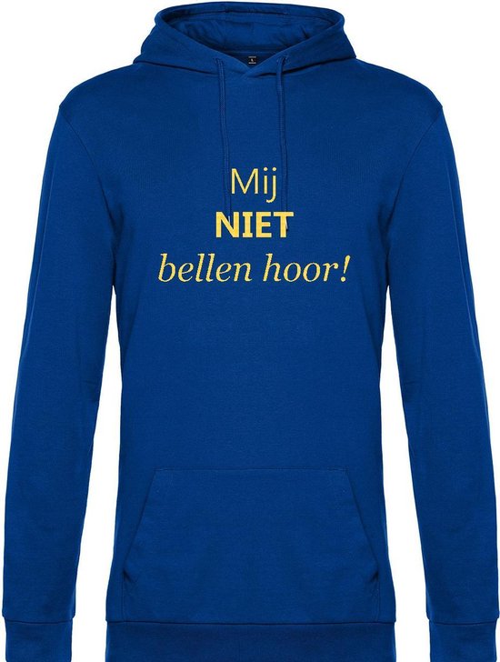 Hoodie met opdruk “Mij niet bellen hoor” Blauwe hoodie met gele opdruk. - Herojodeals