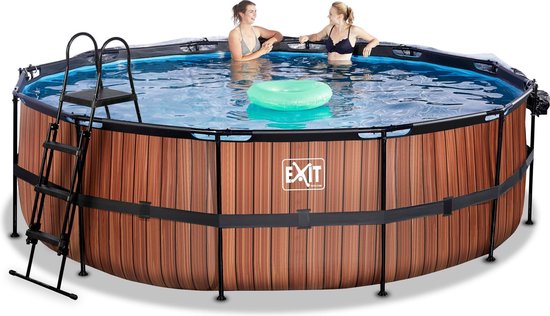 EXIT Wood zwembad ø450x122cm met zandfilterpomp en overkapping - bruin